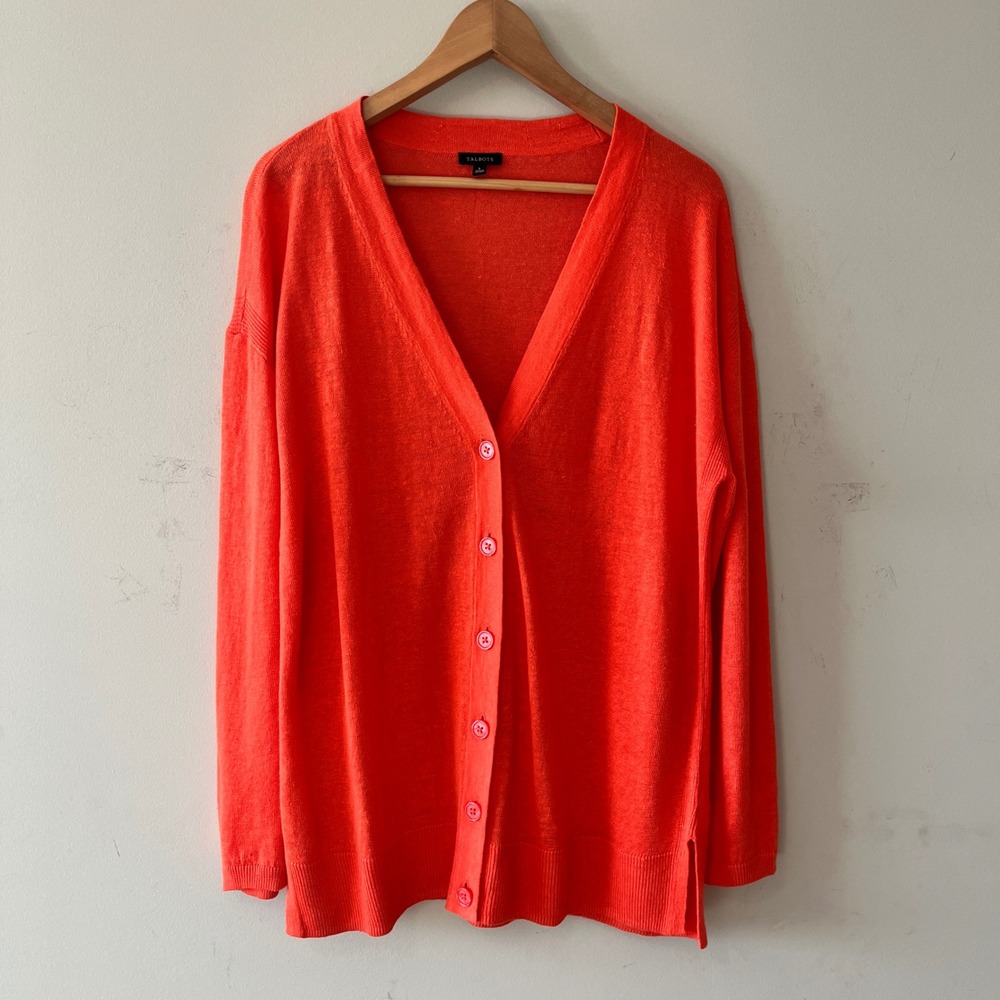 Talbots Linen V-Neck Cardigan Sweater Orange Large 100% Linen Button Front